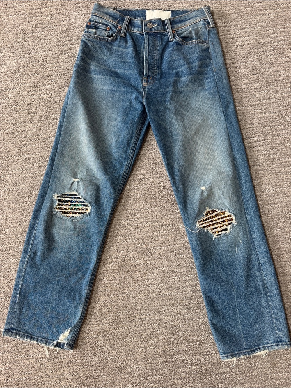 MOTHER Women's Blue Straight-Leg Jeans with Knee Patch Detail